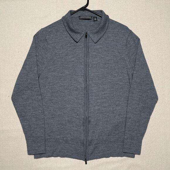 Saks Fifth Avenue Men’s Large Gray Merino Wool Blend Full Zip Knit Polo Sweater - Picture 2 of 9